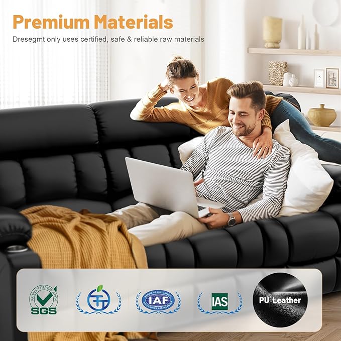 Recliner Sofa Set, Flip Middle Backrest Design PU Leather 3 Seater Reclining ...