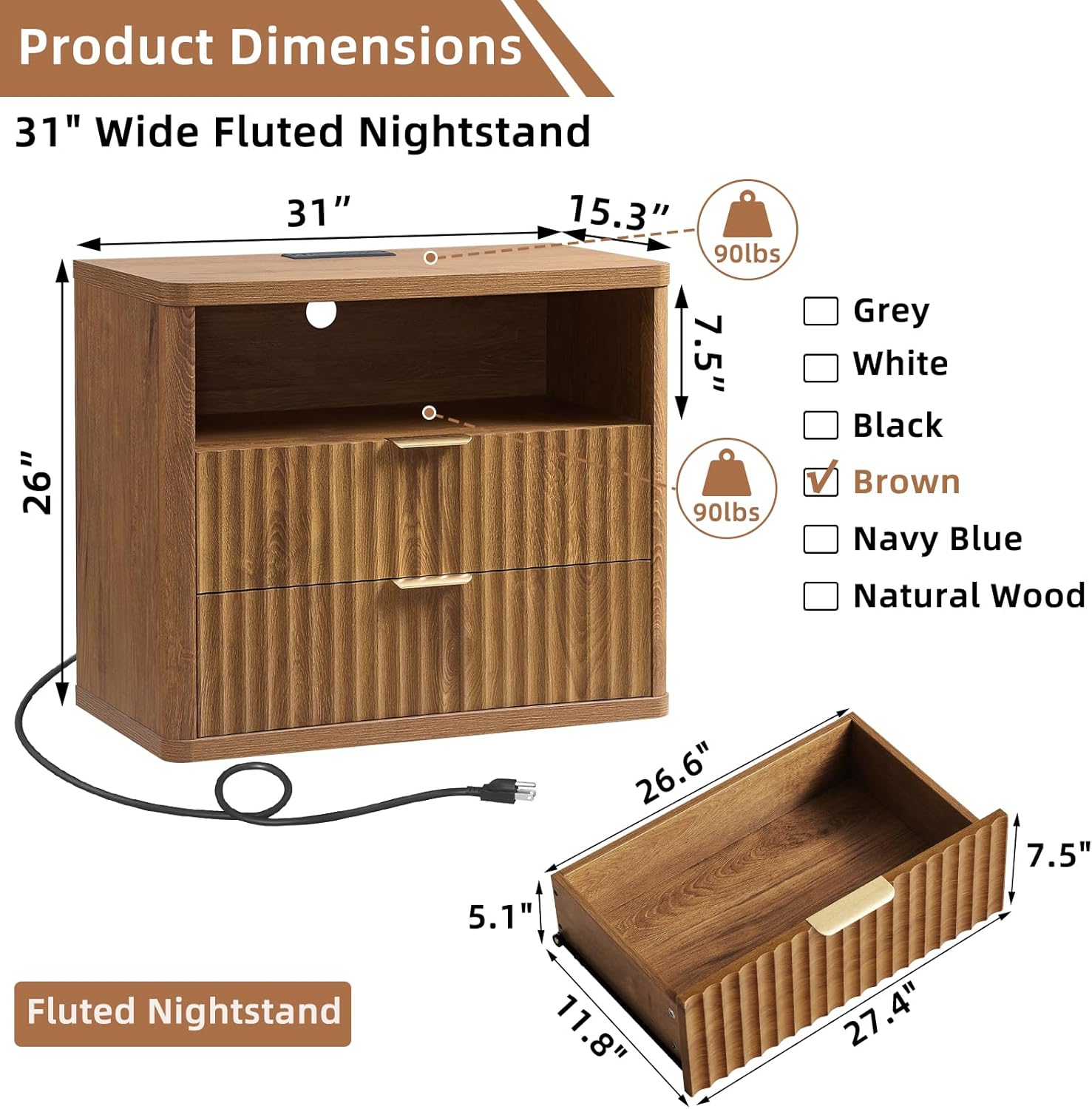 LEYAOYAO 31" Wide Fluted Nightstand with Charging Station, Oversized Extra Large 2 Drawers Night Stand,Brown Wood Bedside Table,Tall Bed Side End Tables,Modern Chest of Drawers Dressers for Bedroom