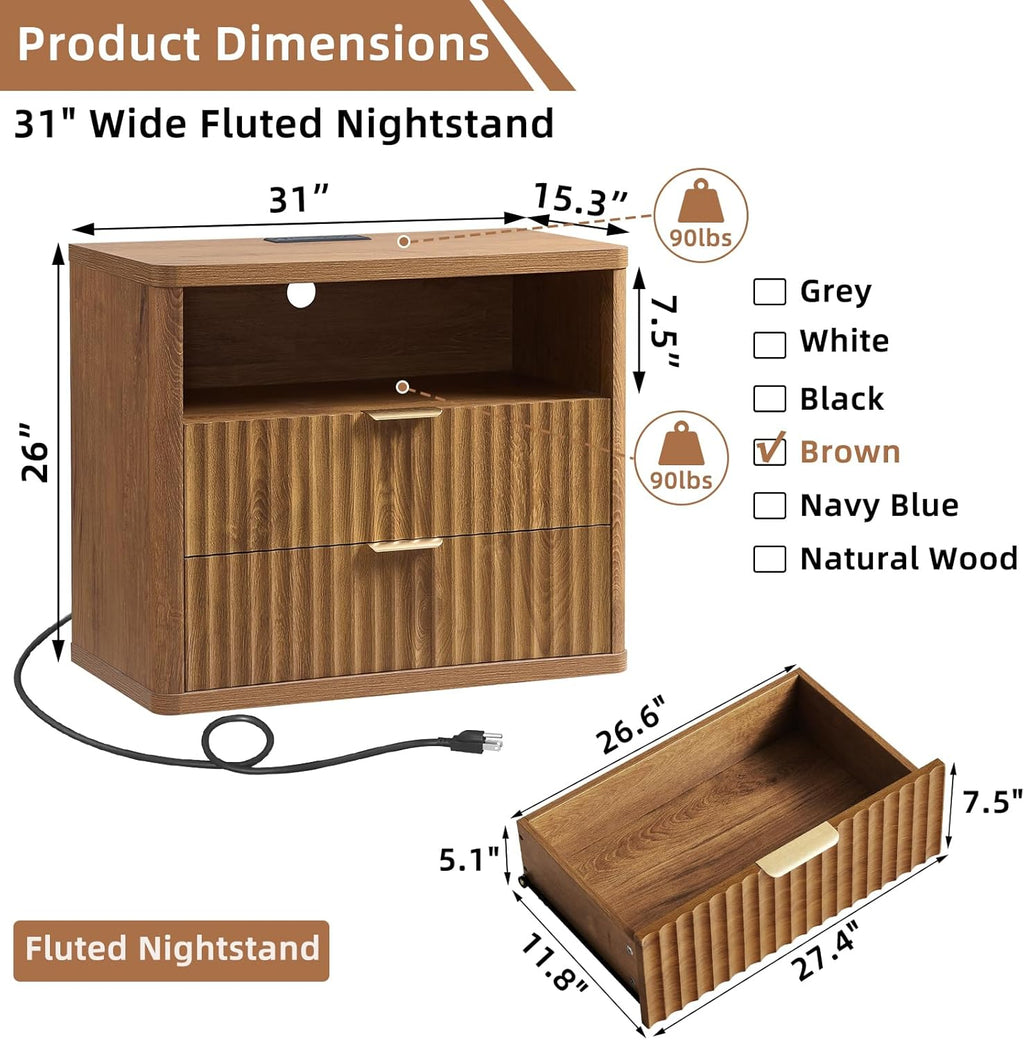 LEYAOYAO 31" Wide Fluted Nightstand Set of 2 with Charging Station, Oversized Extra Large 2 Drawers Night Stand,Brown Wood Bedside Table,Tall End Tables,Modern Chest of Drawers Dressers for Bedroom