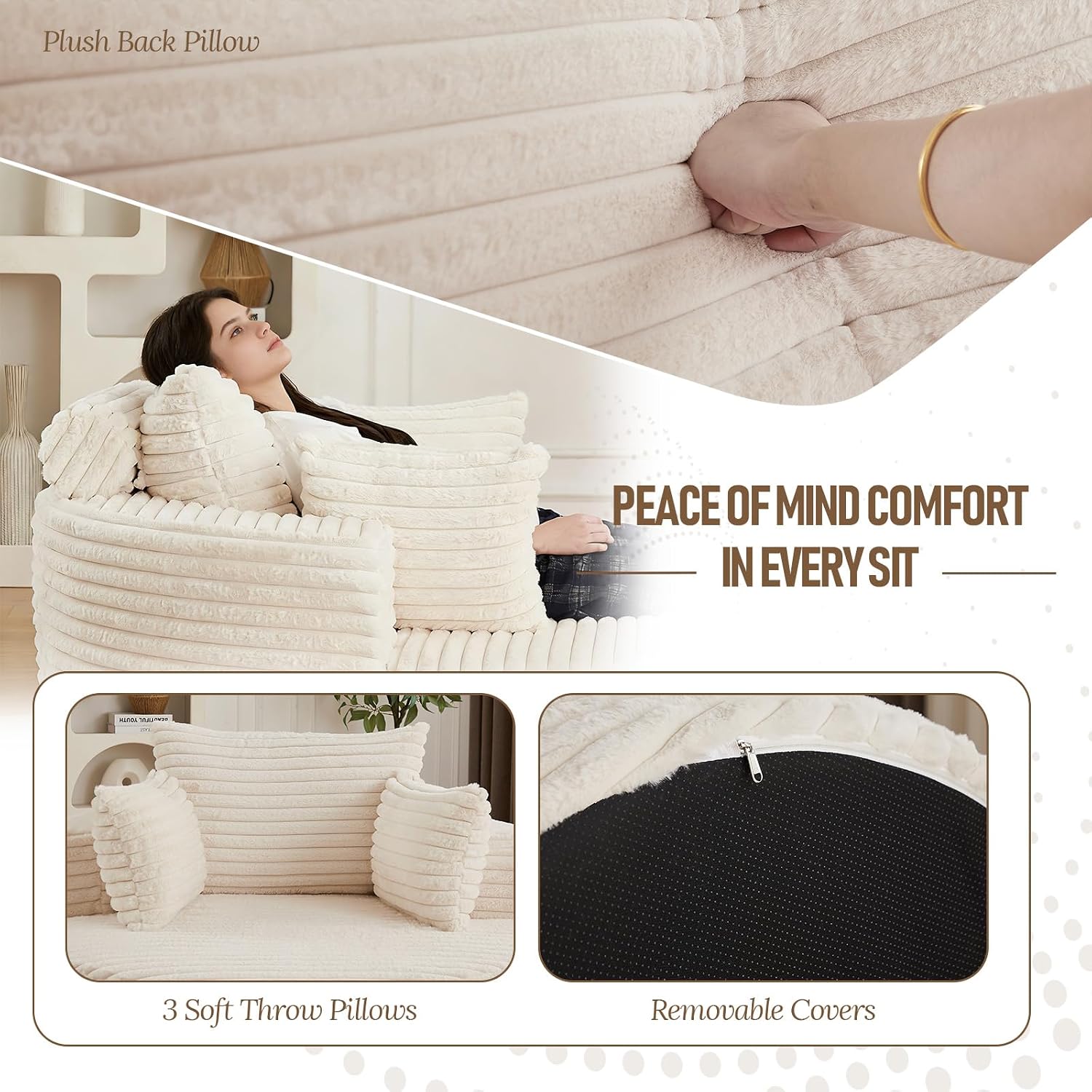 50'' Oversized Round Chaise Longue Chair, Upholstered Corduroy Single Cloud Circle Sofa Chair Comfy Deep Seat Boneless Couch Bed No Assembly Required for Living Room, Bedroom Apartment, Beige