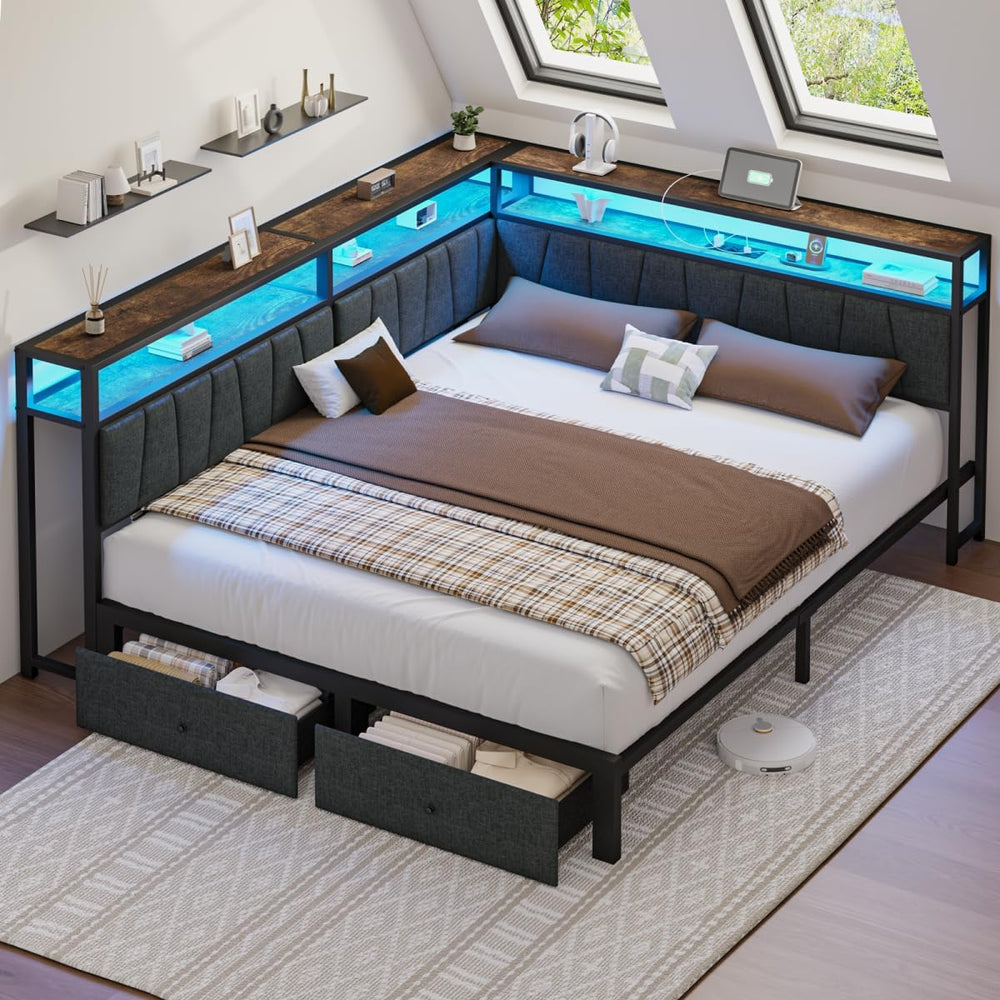 Queen Corner Bed Frame with Storage Drawers, Modern Daybed with LED Lights an...