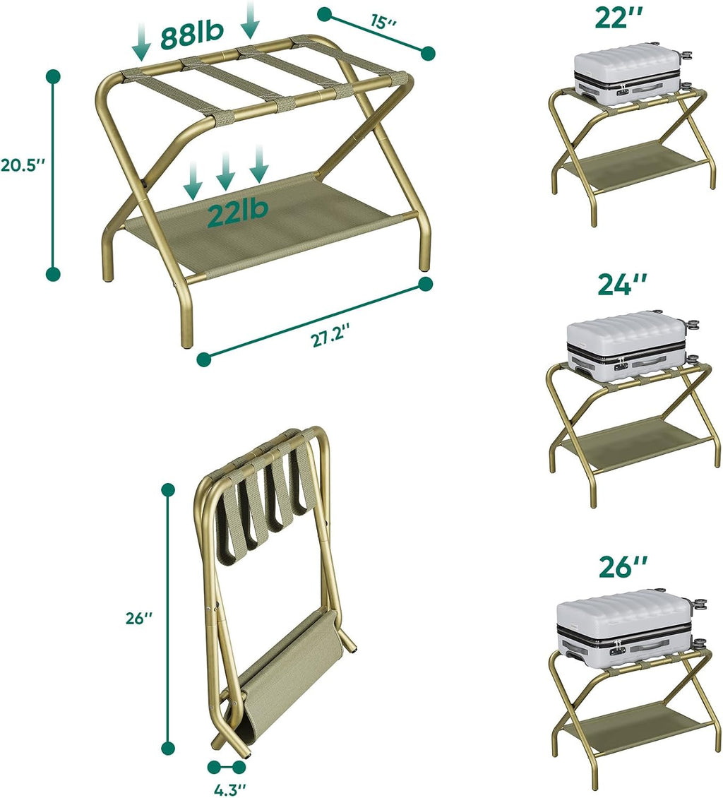 Smuxee Gold Luggage Rack, Foldable Suitcase Stand with Fabric Storage Shelf, Luggage Holder with 4 Nylon Straps for Guest Room Bedroom Hotel