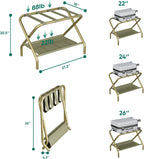 Smuxee Gold Luggage Rack, Foldable Suitcase Stand with Fabric Storage Shelf, Luggage Holder with 4 Nylon Straps for Guest Room Bedroom Hotel