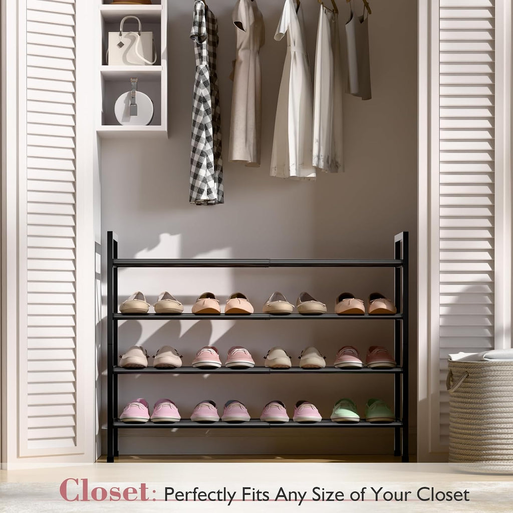 Bumusty 4 Tier Expandable Shoe Rack for Closet, Black | 18"-33" Adjustable Shoe Rack for Entryway, Small Shoe Organizer for Dorm, Front Door, Sturdy Metal