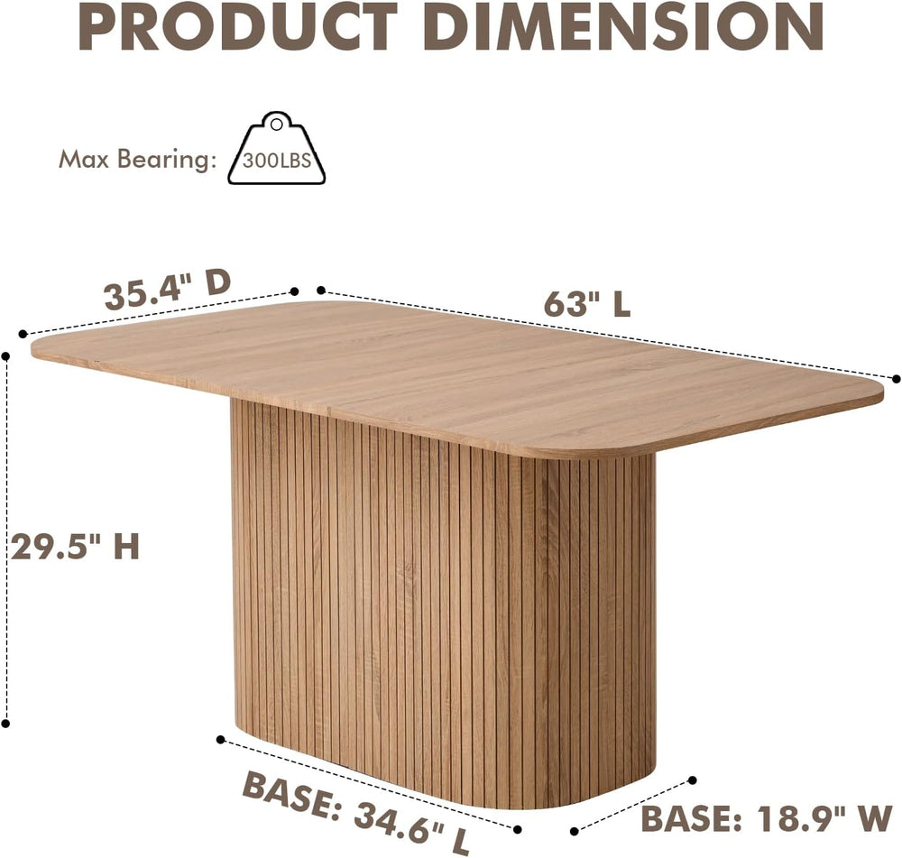 63" Large Dining Table for 4 6, [Rounded Corners] [Grooved Pedestal Base...