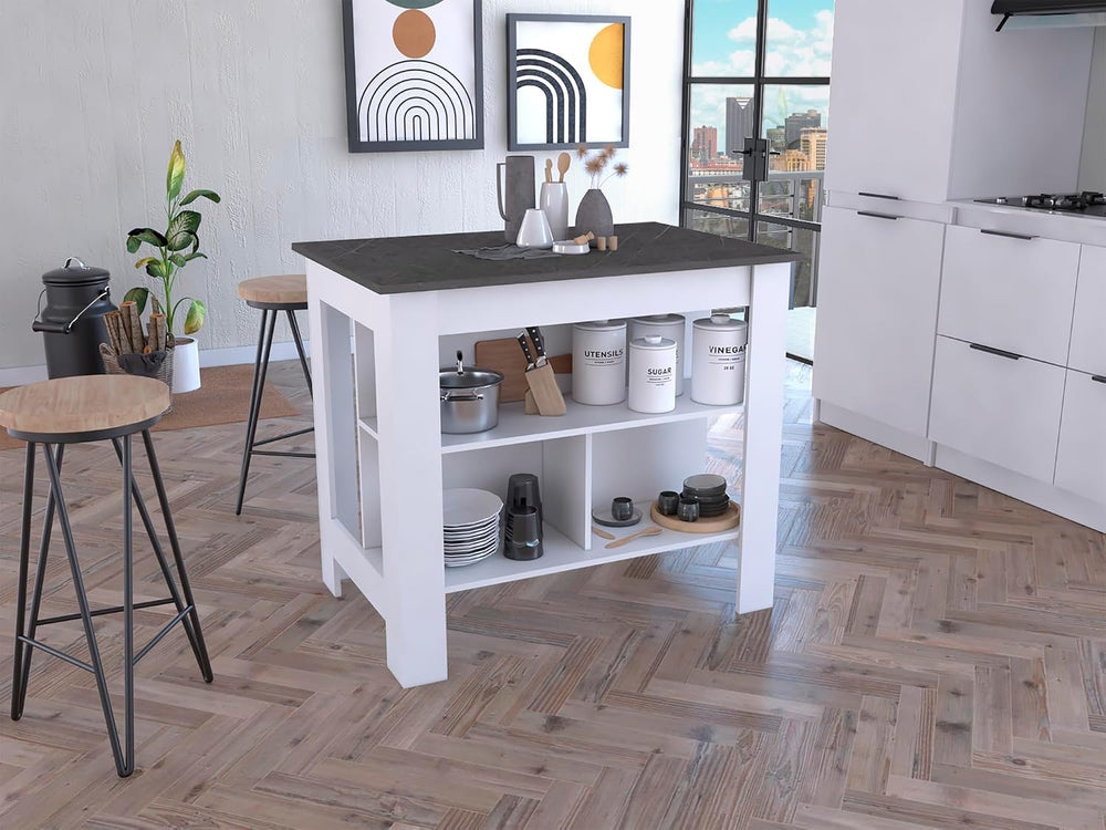 Kitchen Island with Four Legs and Three Shelves - White/Onyx | Three-tiered d...