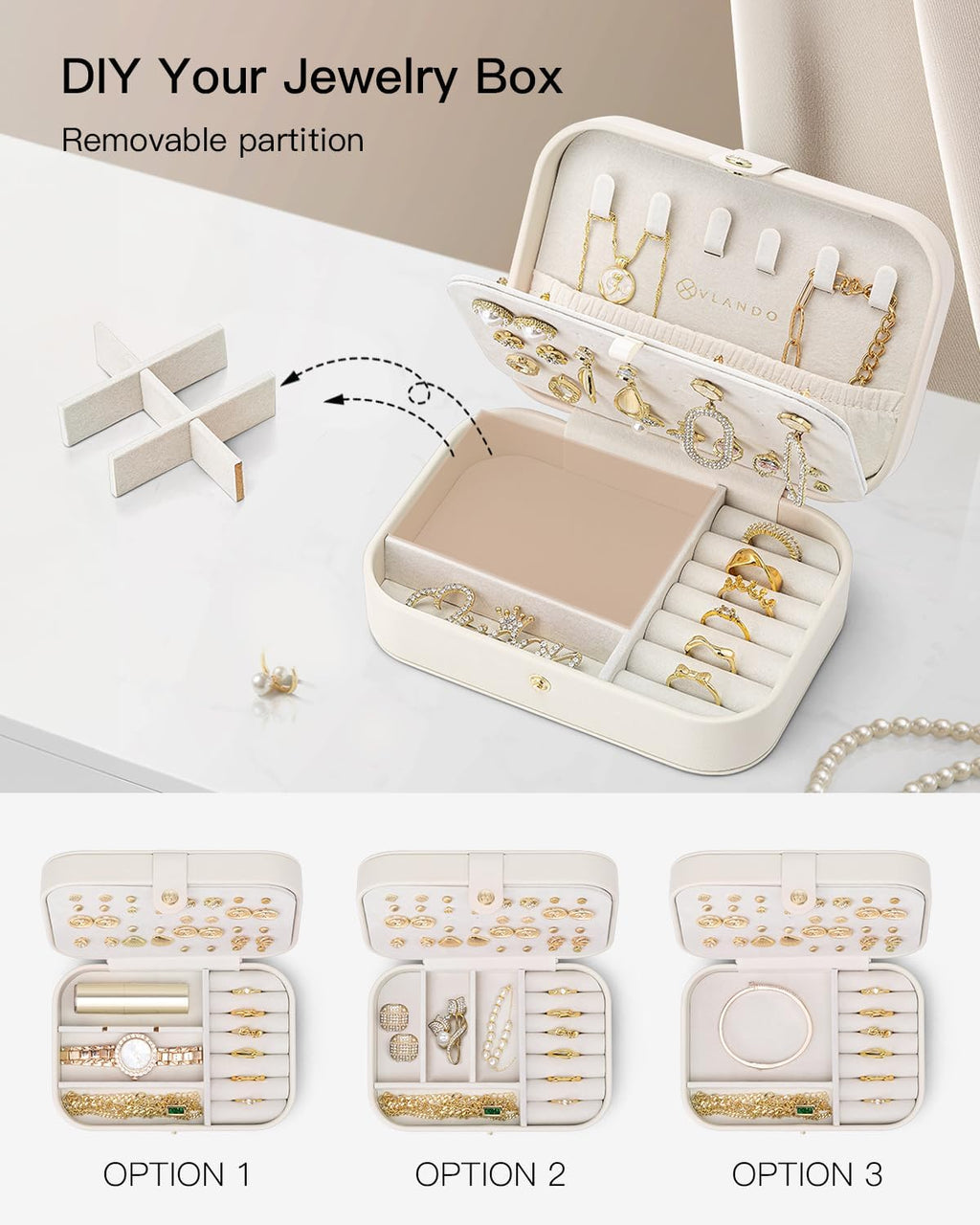VLANDO Travel Jewelry Case for Women Girls, Gifts for Mother, PU Leather Small Jewelry Box for Rings, Necklaces, Bracelets, Earring Holder Organizer Storage for Travel Essentials - Beige