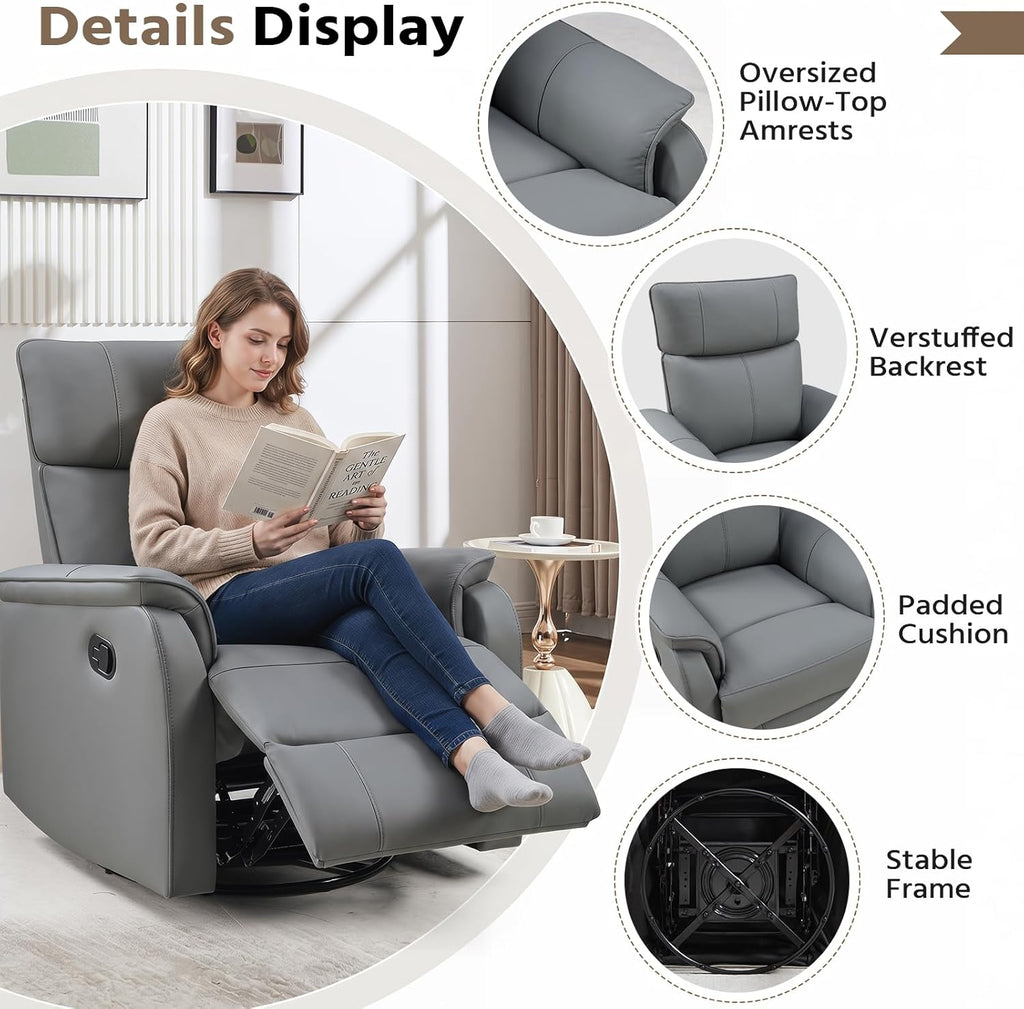 HAOMARKETS Swivel Rocker Recliner Chair Set of 2, Manual Faux Leather Glider Rocking Recliners for Adults, 360° Swivel Nursery Reclining Sofa with Padded Backrest for Living Room, Grey