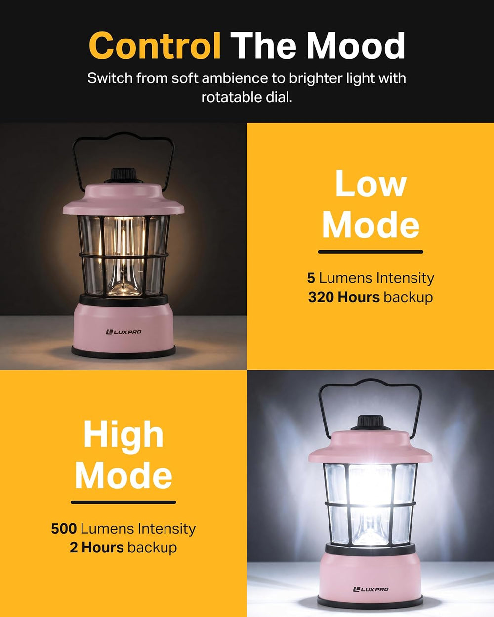 LUXPRO Rechargeable Retro Outdoor Lantern LED Camping Lantern, Pink,2 Pack