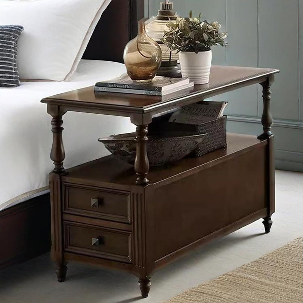 YUNMUARY-Solid Wood End Table with 2 Drawer Mid-Century Nightstand Narrow Sid...