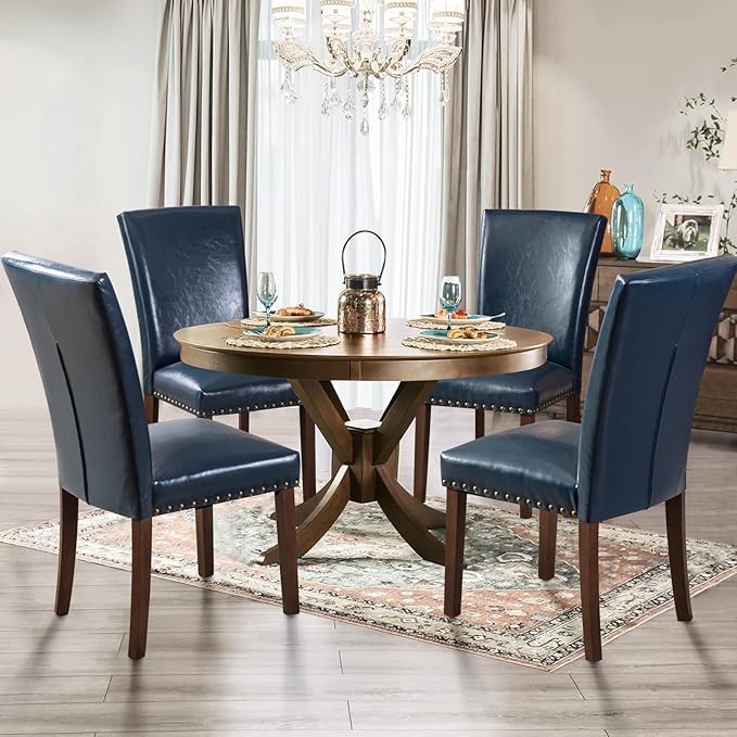 COLAMY Upholstered PU Leather Dining Chairs Set of 4 with High Back Support, Nailhead Trim & Solid Wood Legs, Comfortable Dining Room Chairs for Kitchen Table, Apartment & Family Use