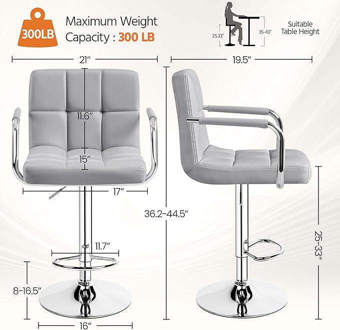 Yaheetech Bar Stools Set of 2, PU Leather Adjustable Swivel Barstools, Hydrau...