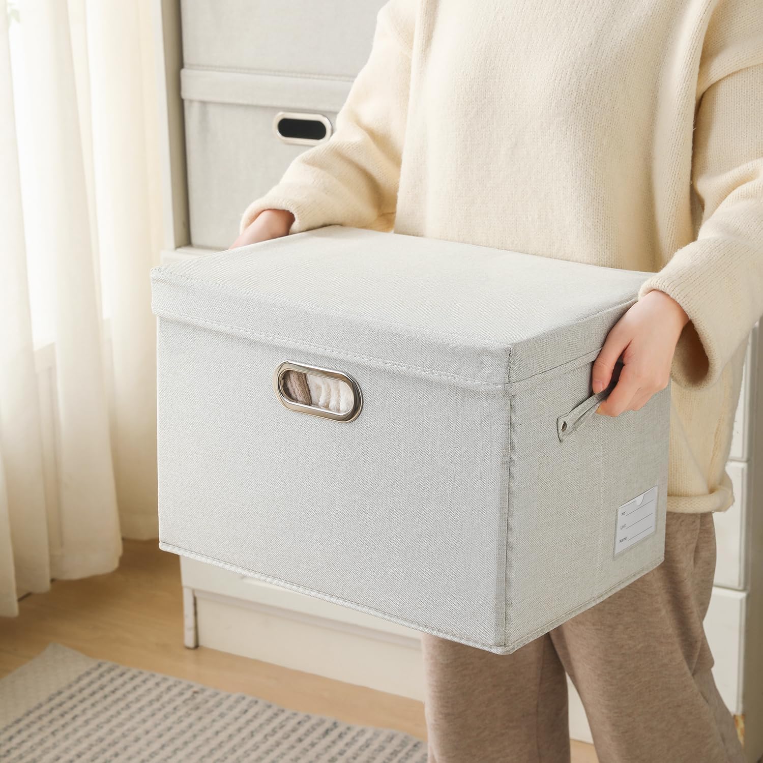 PRANDOM Collapsible Storage Bin with Lid [1-Pack] Fabric Foldable Storage Box Organizer Container Basket Cube with Cover for Home Bedroom Closet Office Nursery Beige(15.3x10x9.7)