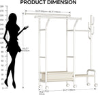 Homeiju Heavy Duty Clothes Rack Load 500LBS, Three Rods Clothing Racks for Hanging Clothes Extendable, Rolling Garment Rack with Sturdy Wheels, Basket, Storage Shelves, White