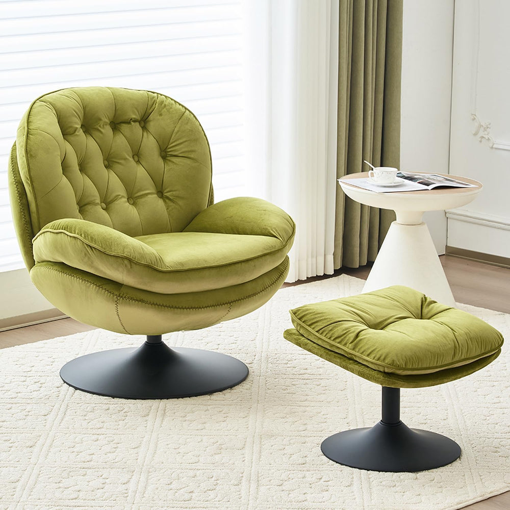 Velvet Swivel Accent Chair with Ottoman Set,Modern Tufted Armchair with Footr...