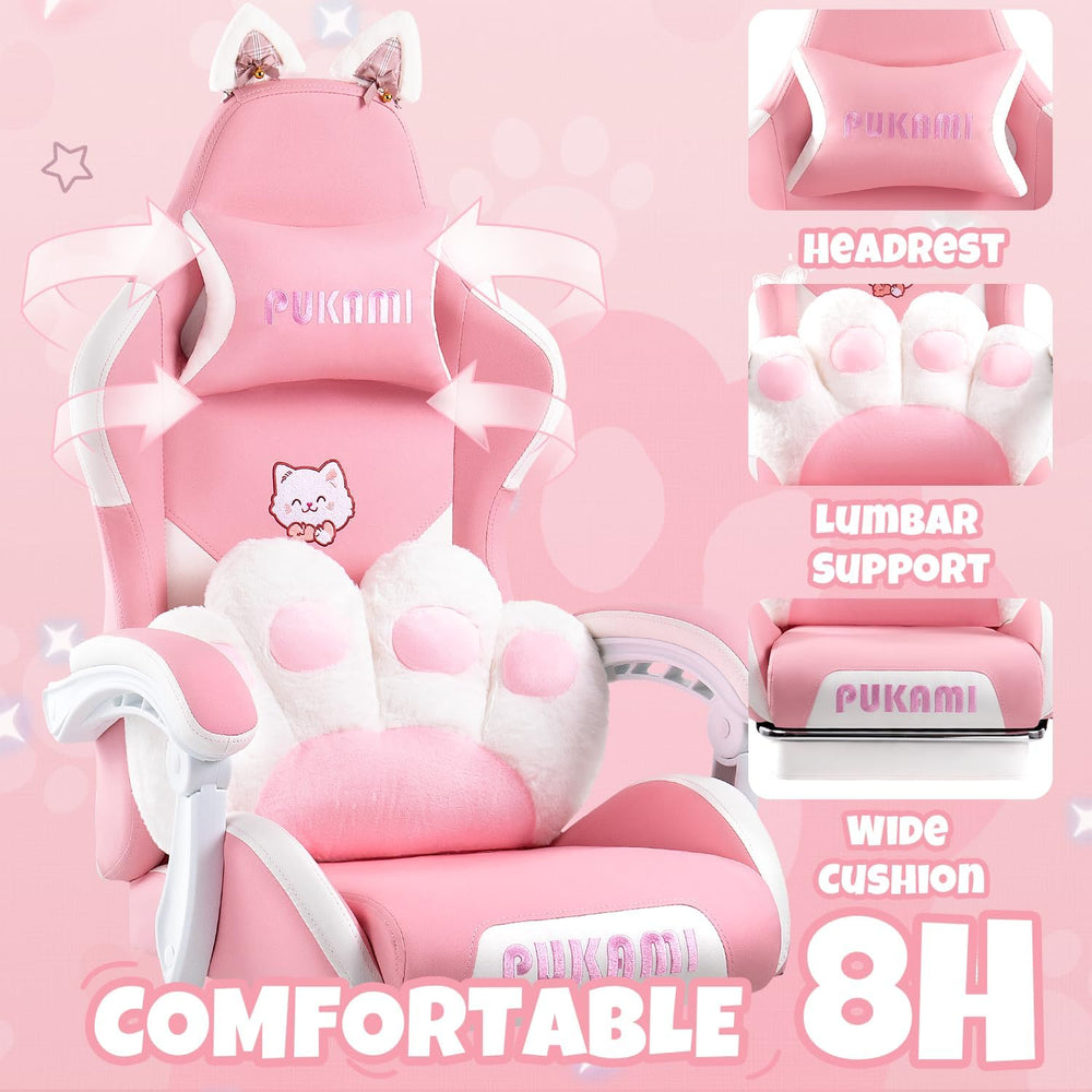 Pink Gaming Chair with Cat Ears & Footrest, Ergonomic Gaming Computer Des...