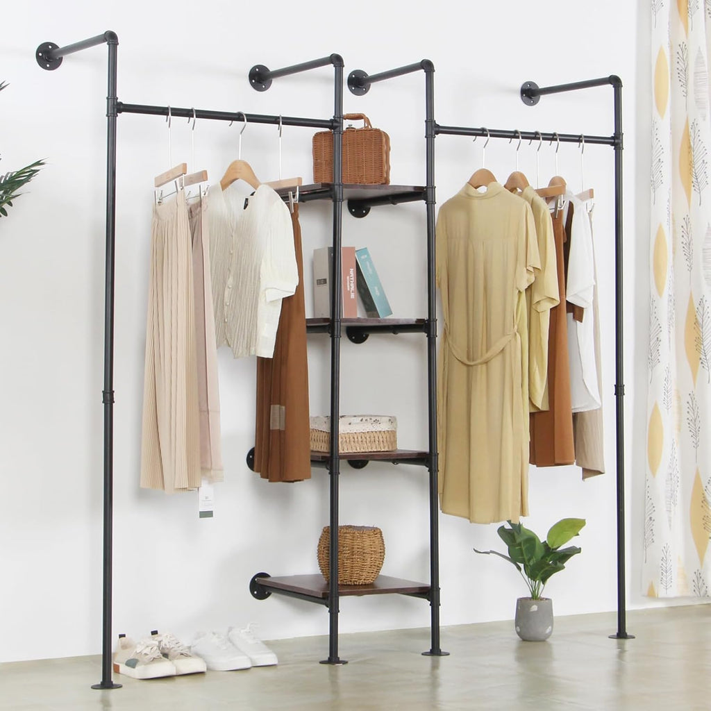 Wall Mounted Industrial Pipe Heavy Duty Clothes Rack, Clothing Rods for Hanging Clothes, Freestanding Clothing Rack with 2 Hang Rods & 4 Shelves, 72.8" W x 17.7" D x 71" H