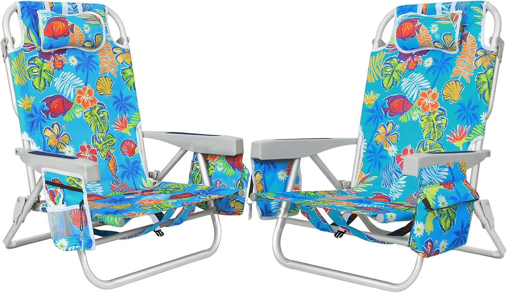 2Pk Aluminum Extra Wide 5-Position Lay Flat Folding Backpack Beach Chairs for...