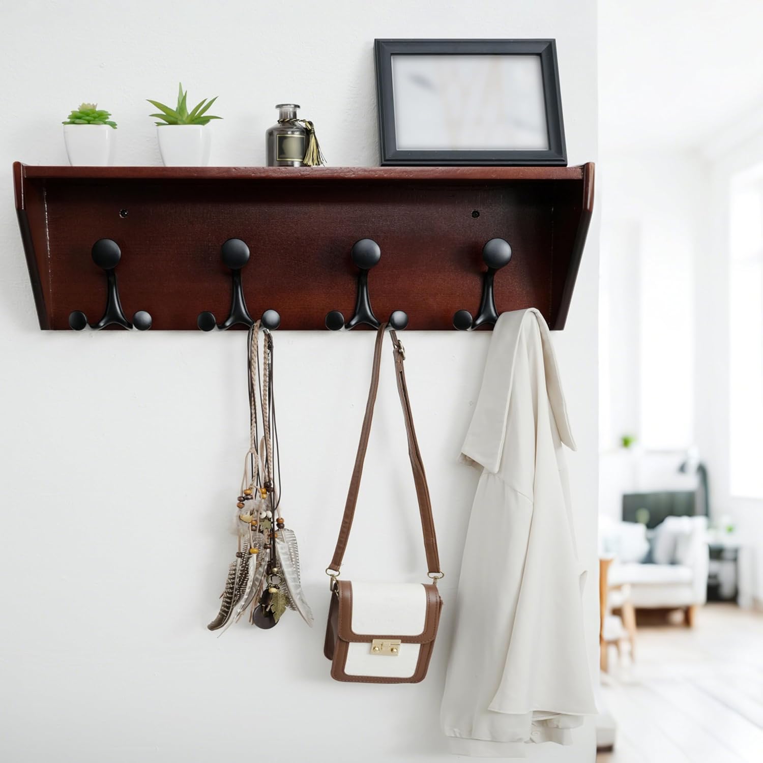 WEBI Wall Shelf with Hooks Underneath,24” Long Wall Mounted Coat Rack with Shelf,Entryway Coat Rack with 4 Triple Hooks for Hanging Coats,Jacket,Hallway,Bedroom,Mudroom,Cherry