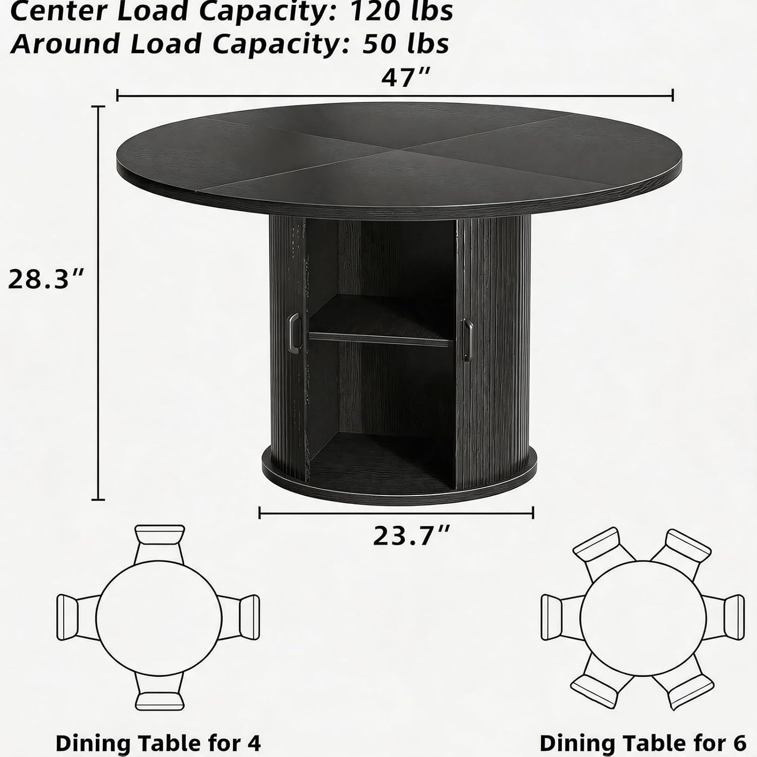 47 Inch Round Dining Table with Storage, 2-Layer Shelf & Wood Slide Door, Farmhouse Style, Waterproof Top, 330 lbs Capacity, for 4-6 Person, Easy Assembly, Ebony