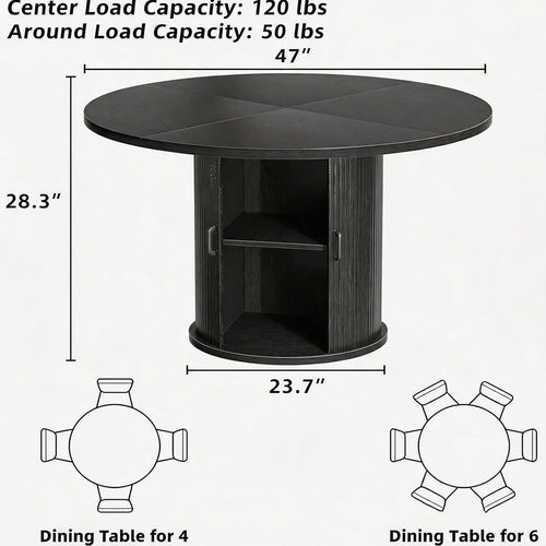 47 Inch Round Dining Table with Storage, 2-Layer Shelf & Wood Slide Door, Farmhouse Style, Waterproof Top, 330 lbs Capacity, for 4-6 Person, Easy Assembly, Ebony
