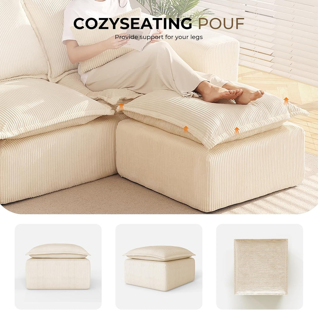 Beige Corduroy Pouf for Modular Sectional Sofa, Matching Accessory for Living Room, Bedroom and Apartment