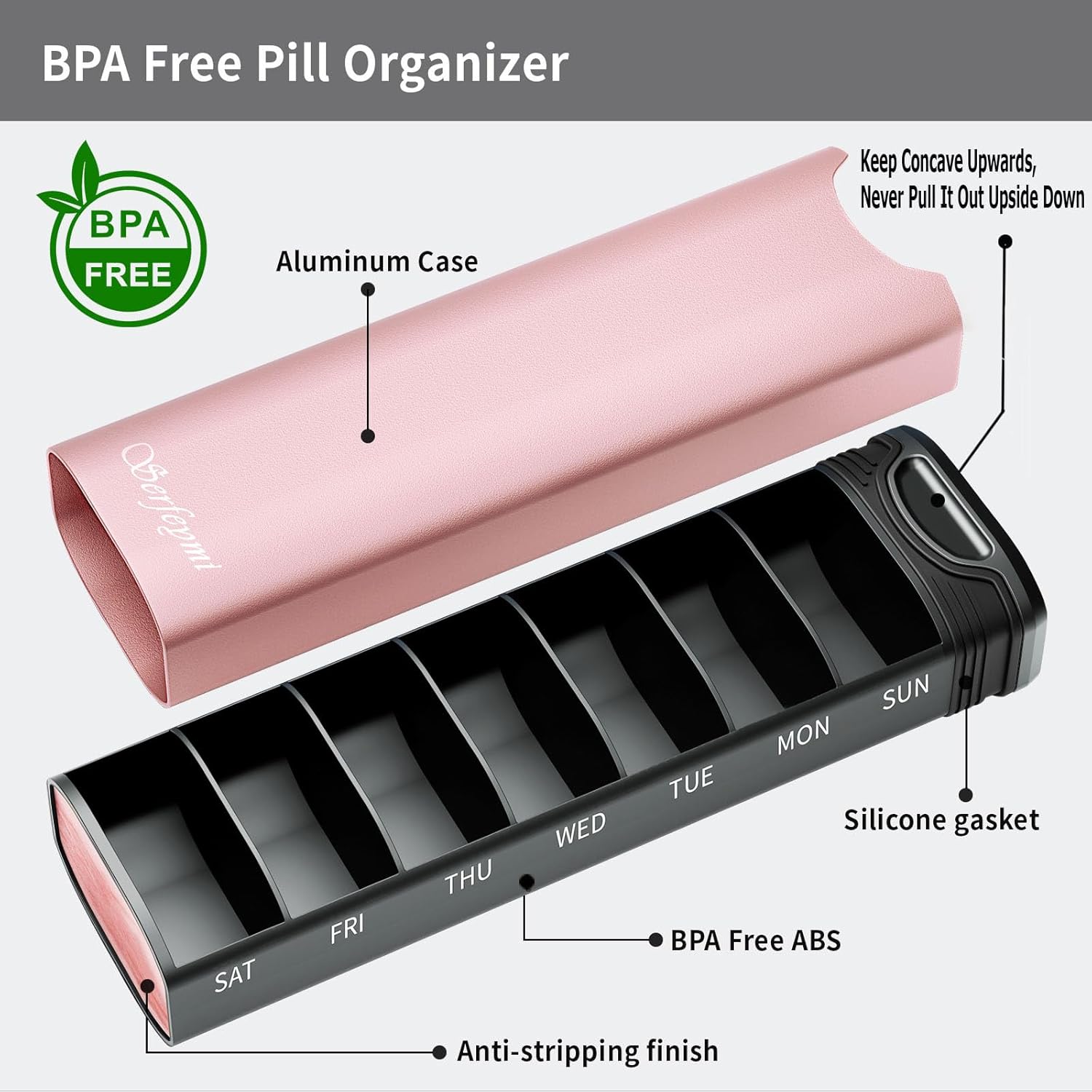 Metal Weekly Pill Organizer, Serfeymi Aluminum Daily Pill Box,7 Day Pill Case Travel Medicine Organizer,Pill Containers(Spare Gasket) for Vitamins, Fish Oils,Pills, Supplement(NO LID)- Pink