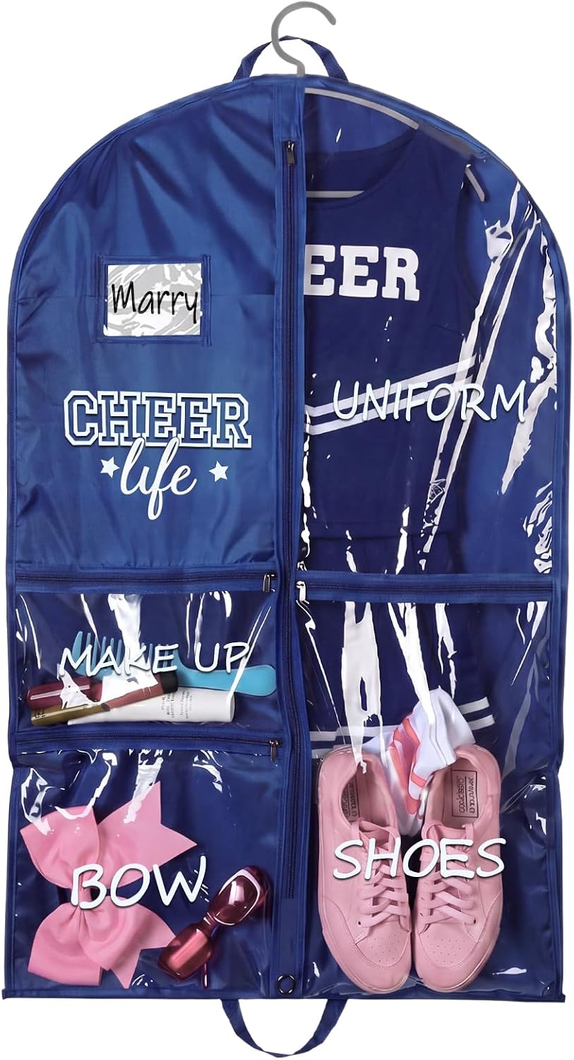 Cheer Garment Bags for Cheerleading Uniform For Cheer Mom Waterproof Hanging Garment Bag for Dance Costumes 40 Inch Clothes Bag with 5 Pocket Travel Side Zip Storage Uniform(Nave Blue,White)