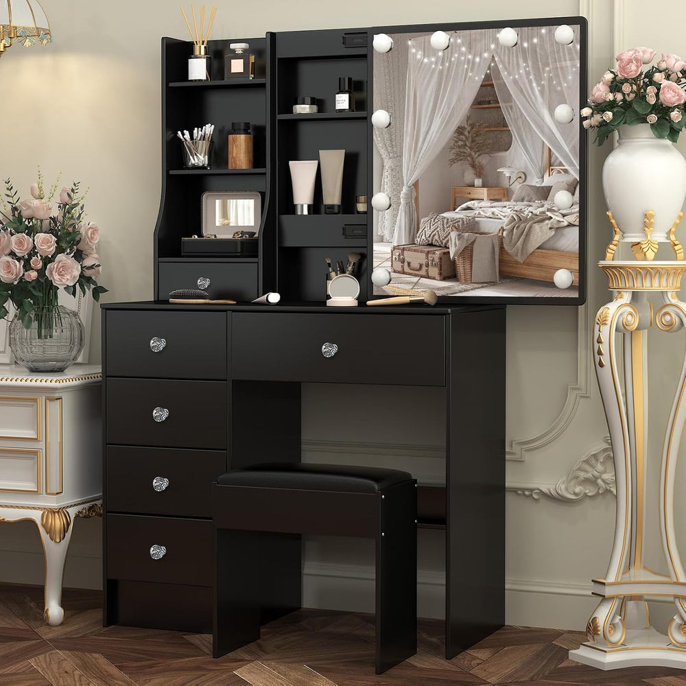 Umeiga Black Vanity Desk with Sliding Mirror and Lights, Small Makeup Vanity ...