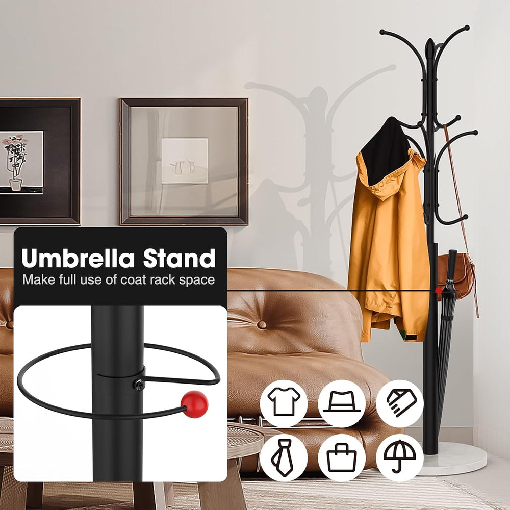 Coat Rack Freestanding,12 Hooks Coat Racks with Natural Marble Base & Umb...