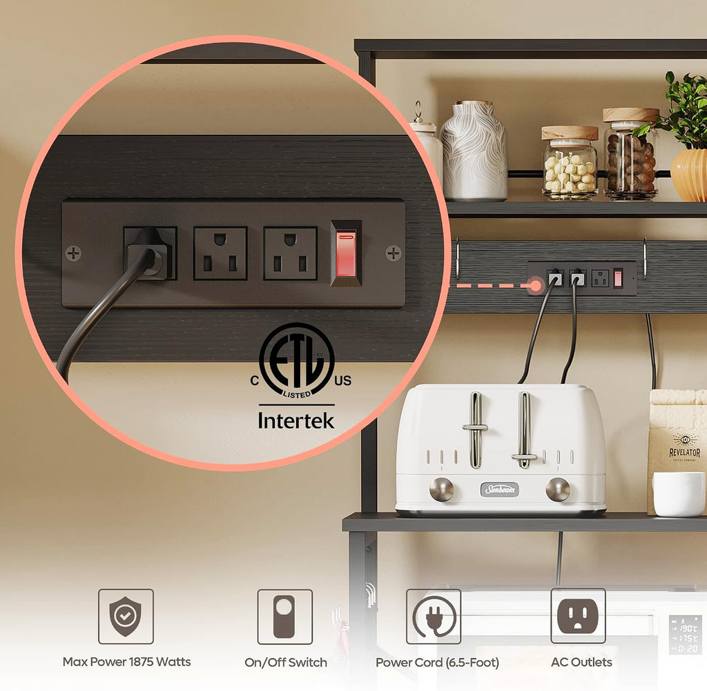 Bestier Bakers Rack with Power Outlet, Coffee Bar Table with Storage 5 Tiers, Standing Microwave Stand with 8 S-Shaped Hooks, Kitchen Storage Shelf Rack for Spices | Standing Microwave Stand with 8 S-Shaped Hooks, Kitchen Storage Shelf Rack for Spices