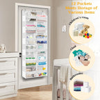 Over The Door Organizer 6 Tiers, Extra Large Behind Door Storage of 12 Compartments, 80 lbs Weight Capacity Hanging Storage Organizer with Clear Window Kids Toys, Shoes,Diapers, Room Storage, White