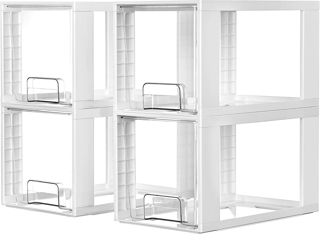 Vtopmart 4 Pack Large Stackable Storage Drawers,White,Easily Assemble Acrylic Bathroom Closet Undersink Organizers and Storage,Plastic Bins for Kitchen Cabinets,Pantry,Makeup,Medicine Organization