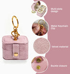 Mini Velvet Ring Box with Keychain Clip, Travel Jewelry Organizer Ring Earrings Storage Box for Proposal Engagement Wedding Ceremony Party, Pet Ring Bearer Accessory, Pink