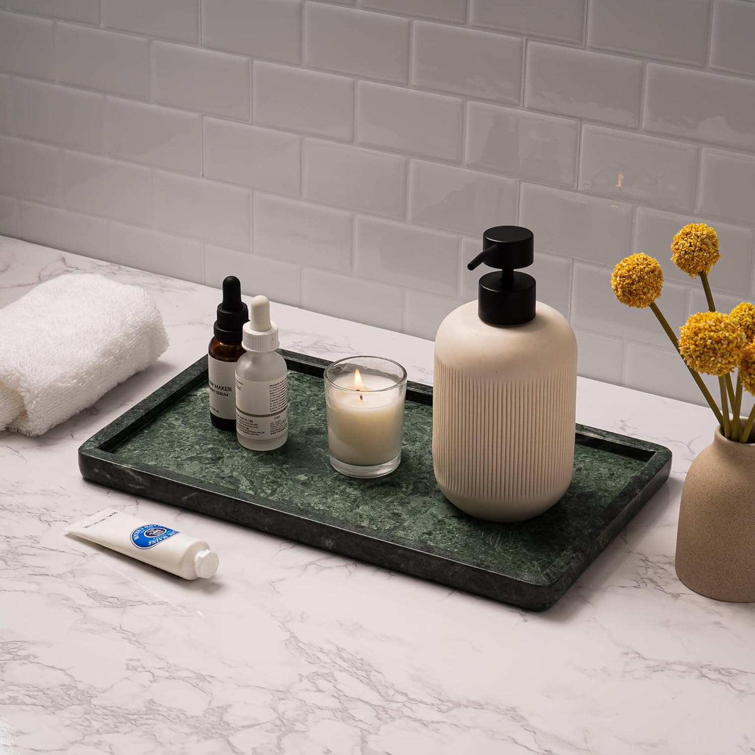 Cork & Mill Green Marble Tray for Bathroom Countertop, Kitchen Counter, or Catchall - 13" x 7½" Large Vanity Tray for Skincare or Perfume - Handcrafted Natural Marble Stone Organizer