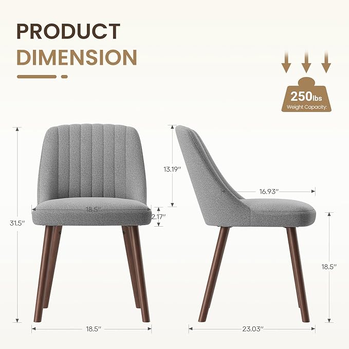Upholstered Dining Chairs Set of 2, Modern Fabric Kitchen Chairs with Back, Wood Legs for Kitchen Dining Room Restaurant, Grey