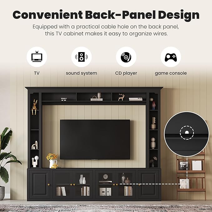 Merax Modern 4 Piece Entertainment Wall Unit with Bookshelf for Televisions Up to 80'', Wood Inch Large Entertainment Center w/Storage, TV Cabinets for Living Room, Black