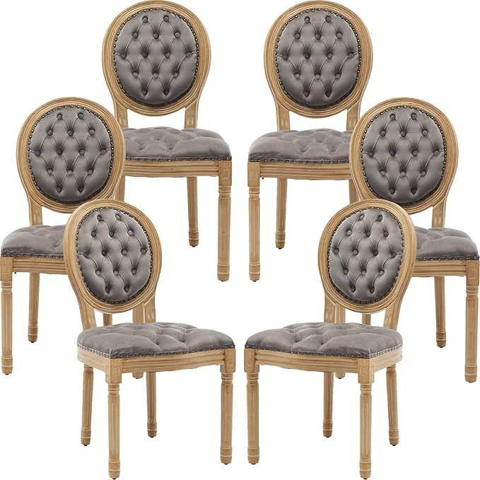 French Country Dining Chairs Set of 6, Gray Velvet Upholstered, Tufted, Solid Wood, Oval-Shaped Backrest