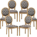 French Country Dining Chairs Set of 6, Gray Velvet Upholstered, Tufted, Solid Wood, Oval-Shaped Backrest