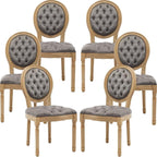 French Country Dining Chairs Set of 6, Gray Velvet Upholstered, Tufted, Solid Wood, Oval-Shaped Backrest