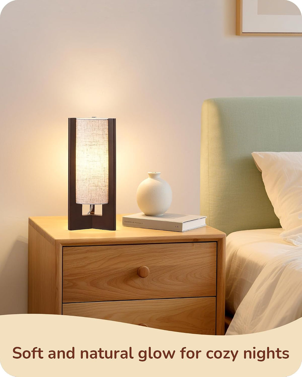 EDISHINE 13.5" Small Table Lamp, Walnut Wood Cylinder Lamp, E26 Base, 2Pack