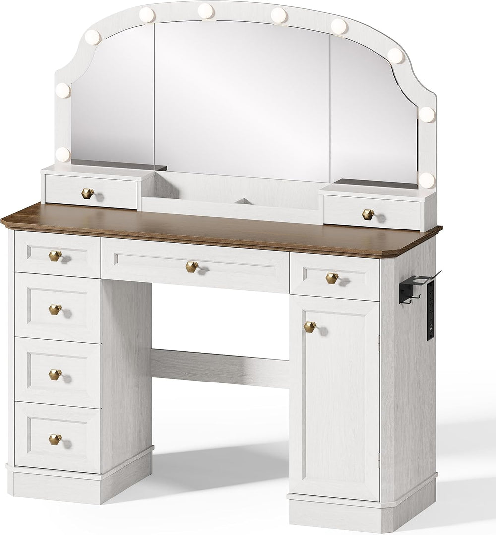 Farmhouse Makeup Vanity Desk with Mirror and Lights, 47'' Vanity Tabl...