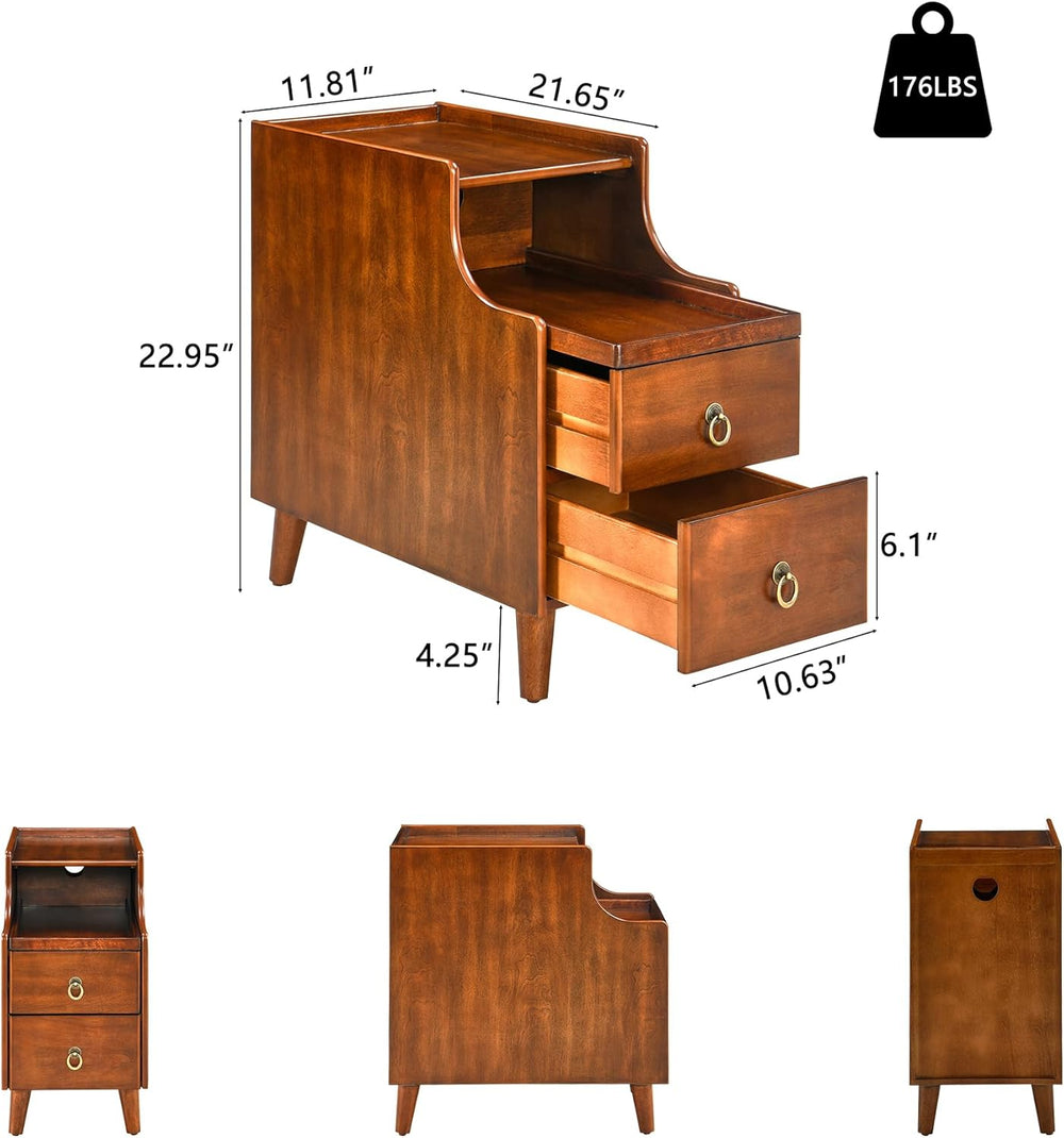 Narrow End Side Table with 2 Drawers and Pull-Out Tray, No-Tools Assembly Sof...