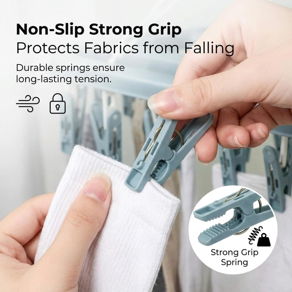 Clothes Drying Hanger with 32 Clips and Drip Foldable Hanging Rack (Light Blue)