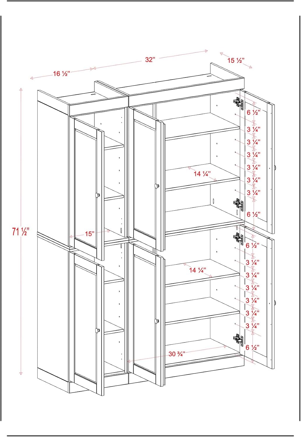 Palace Imports Solid Wood Kitchen Pantry Cabinet - 71.5" H x 48.5" W - Wooden Storage Cabinet w/ 6 Shaker Doors & 8 Adjustable Shelves - Antique Blue, 100% Renewable Eco-Friendly Wood, Made in Brazil