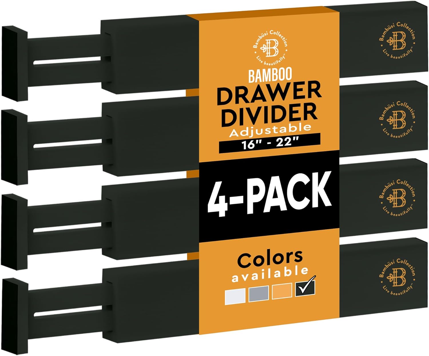 Bambüsi 4 Pack Drawer Dividers - 2.6" High, 16-22" Adjustable Drawer Bamboo Organizers for Clothes, Expandable Dresser Separators in Bedroom/Bathroom/Kitchen/Office Organization and Storage (Black)