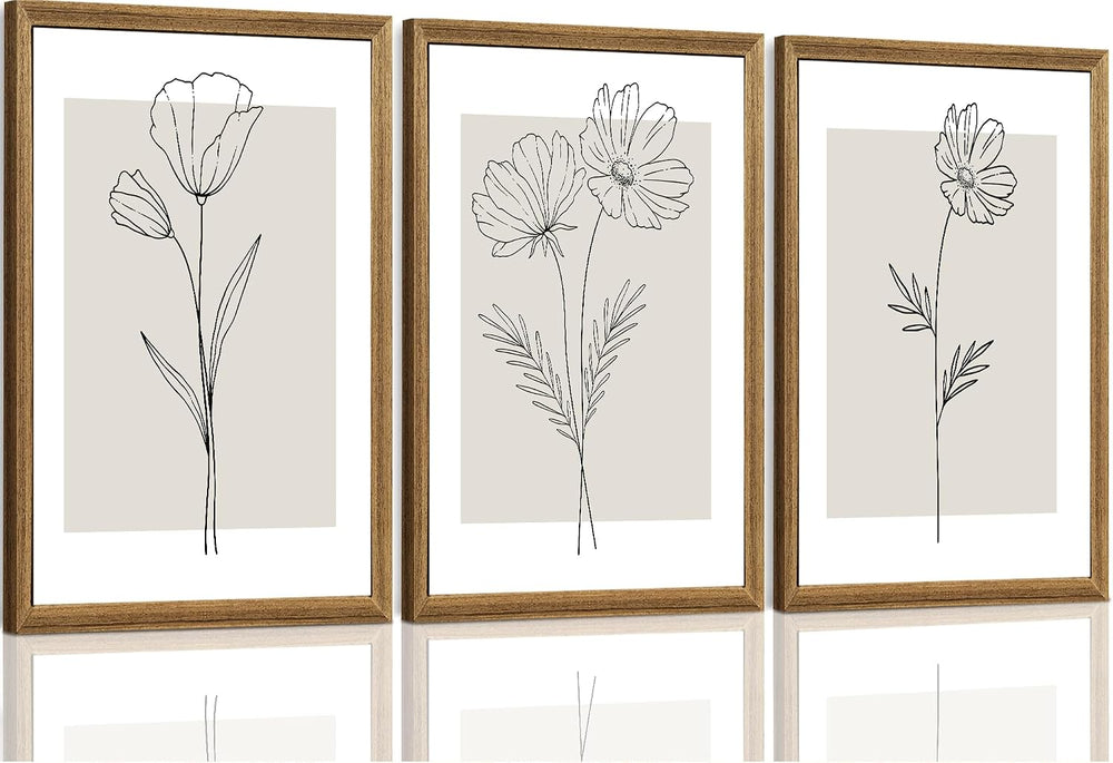 ICHZUMW Framed Black and White Neutral Floral Canvas Wall Art, 3pc 16x24 In