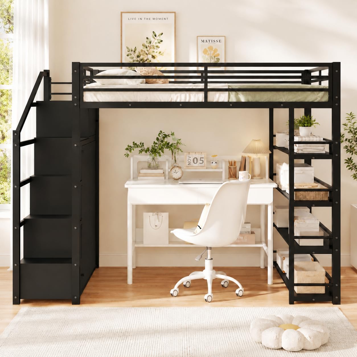 Merax Queen Size Metal Loft Bed with Wardrobe & Storage Staircase, 4-Tier Shelves, Full-Length Guardrails, 400 lbs Capacity, No Box Spring Needed Easy Assembly for Bedroom, Black