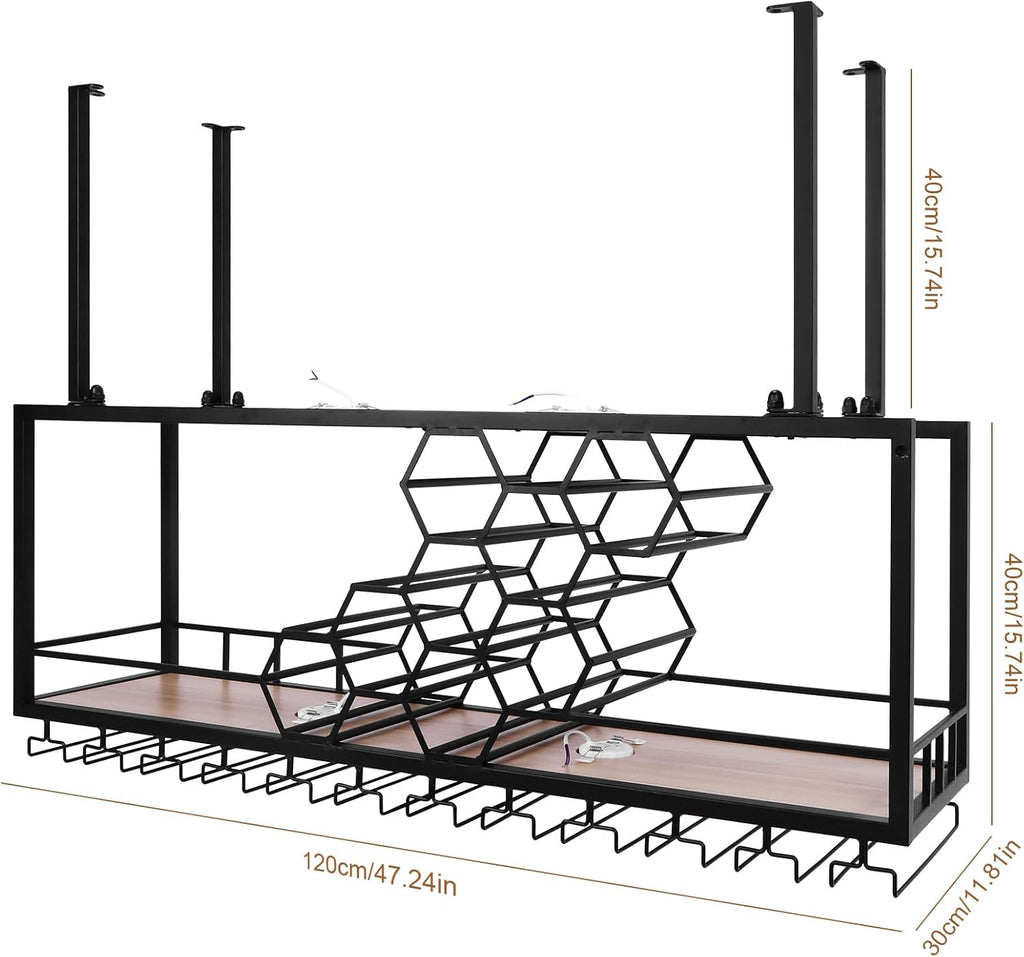 Metal Hanging Wine Rack Hanging Organizer Ceiling Bar Wine Glass Rack with Glass Holder and Shelf Multi Functionl Wine Bottle Holder Organizer, for Bar Cafe Kitchen