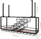 Metal Hanging Wine Rack Hanging Organizer Ceiling Bar Wine Glass Rack with Glass Holder and Shelf Multi Functionl Wine Bottle Holder Organizer, for Bar Cafe Kitchen